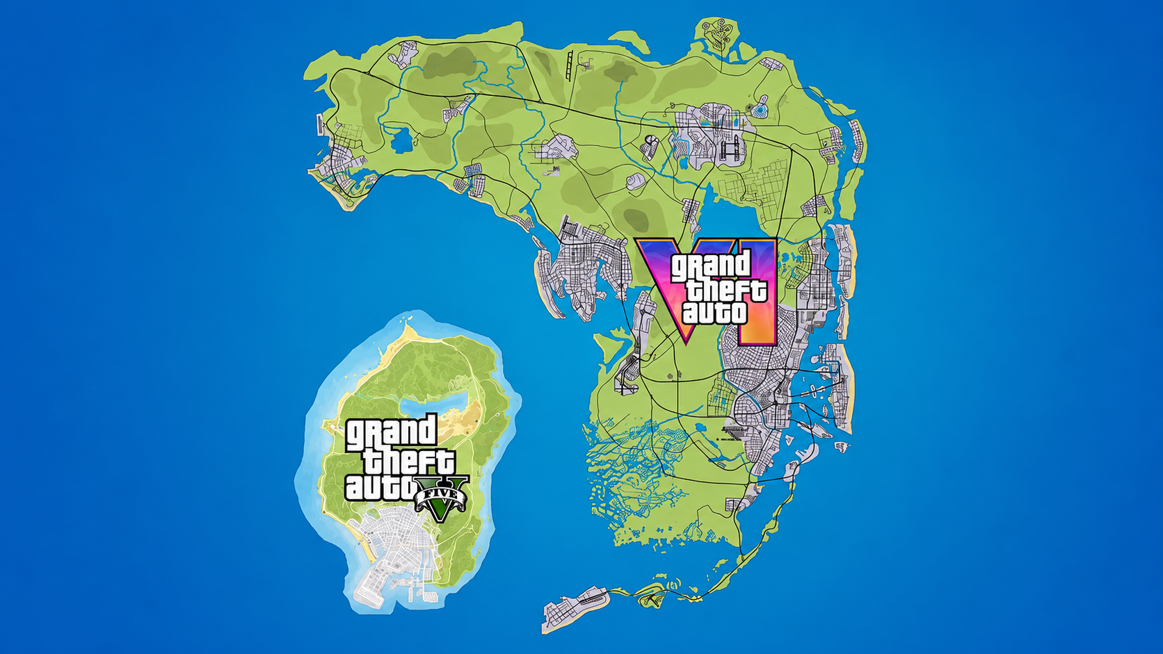 Vista aérea do mapa de GTA 6 mostrando Vice City e o estado de Leonida com todas as regiões