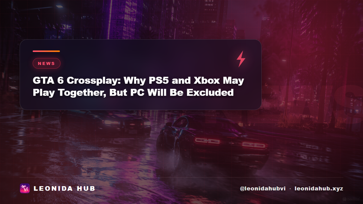 GTA 6 crossplay illustration showing PS5 and Xbox connected while PC is separated, representing the multiplayer divide in Grand Theft Auto 6